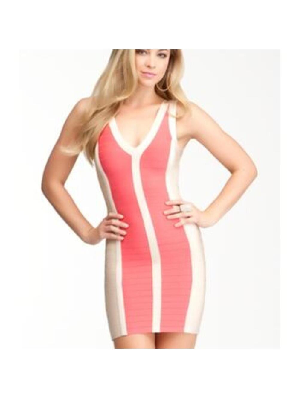 Bebe Colorblock Bandage Dress Coral Pink Cream Tank Bodycon V Neck Mini Size M